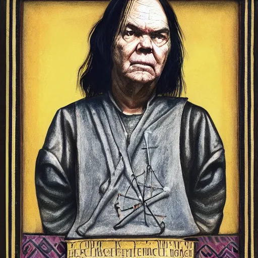 Prompt: a portrait of neil young as a medieval bard