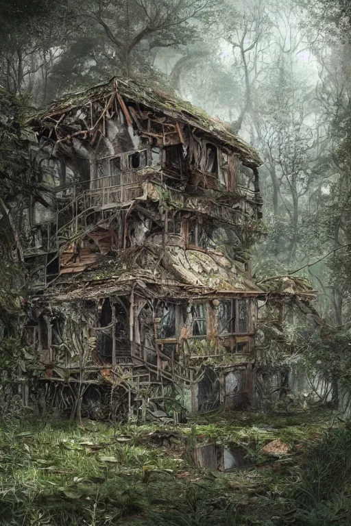 Image similar to an abandoned and overgrown ramshackle multistory hut in the woods, intricate, elegant, fantasy, highly detailed, digital painting, concept art, sharp focus, illustration, artstation, art by James Gurney