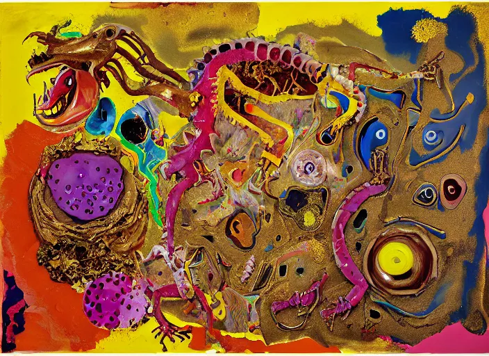 Image similar to expressionistic decollage painting golden armor alien zombie horseman riding on a crystal bone dragon broken rainbow diamond maggot horse in a blossoming meadow full of colorful mushrooms and golden foil toad blobs in a golden sunset, distant forest horizon, painted by Mark Rothko, Helen Frankenthaler, Danny Fox and Hilma af Klint, graffiti buff, pixel, glitch, semiabstract, color field painting, byzantine art, microsoft paint art, pop art look, naive, outsider art, very coherent symmetrical artwork. Bekinski painting, part by Philip Guston and Adrian Ghenie, art by George Condo, 8k, extreme detail, intricate detail, masterpiece