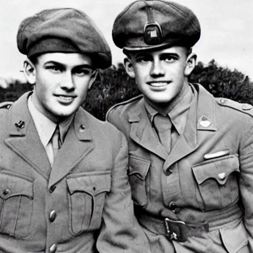 Image similar to a professional photograph of two handsome young wwii soldiers finding love in the trenches