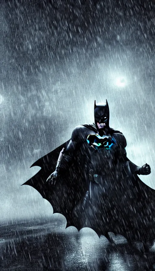Prompt: ''batman in the rain, cinematic shot, beautiful night, photorealistic, concept art, high quality, 8 k''