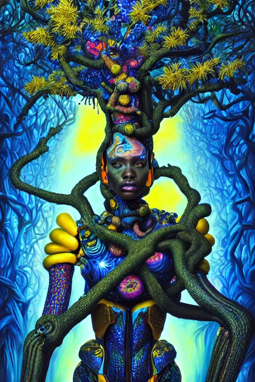 Image similar to hyperrealistic maximalist super expressive! black woman with exoskeleton armor, merging with tree in a forest, highly detailed digital art masterpiece smooth cam de leon hannah yata dramatic pearlescent blue yellow light ground angle hd 8k sharp focus