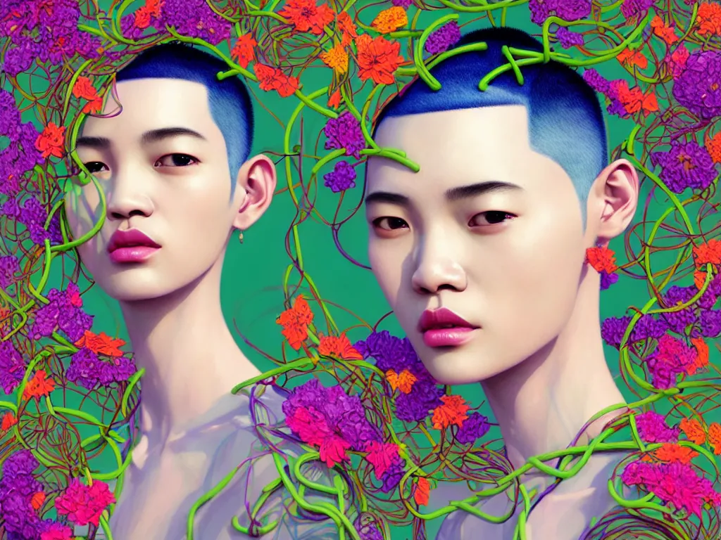 Image similar to colourful vfx art - portrait of south east asian female with buzz cut hair wrapped in flowers & vines, art by hsiao - ron cheng & james jean - presented as magazine collage style, volumetric light, colourful, sharp, detailed, digital painting, illustration, magazine collage, highly detailed, intricate detail, unreal engine, octane render, pinterest, behance, art station