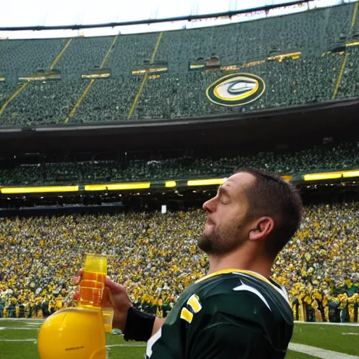 Prompt: Aaron Rogers drinking ayahuasca on the sidelines at Lambeau Field, highly detailed,