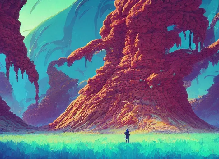 Image similar to psychedelic concept art of an alien landscape made of baked beans, cel shaded, in the style of makoto shinkai and moebius and peter mohrbacher and anton fadeev