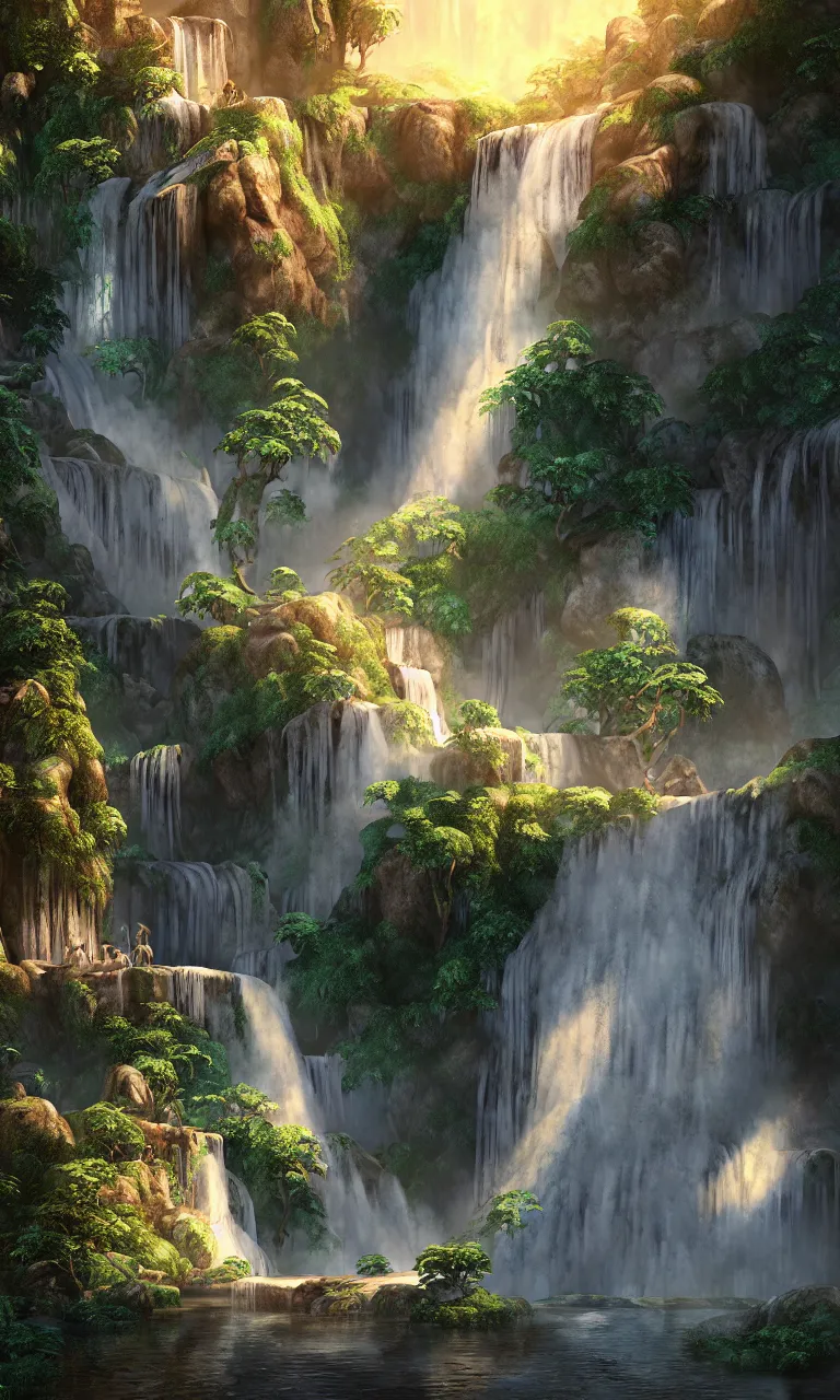 Image similar to beautiful big house waterfall flows down from the mountain, octane render, fabulous, hyper detailed, random cinematic view, no noise, global illumination, warm lighting, volumetric, godrays, vivid, beautiful, by jordan grimmer