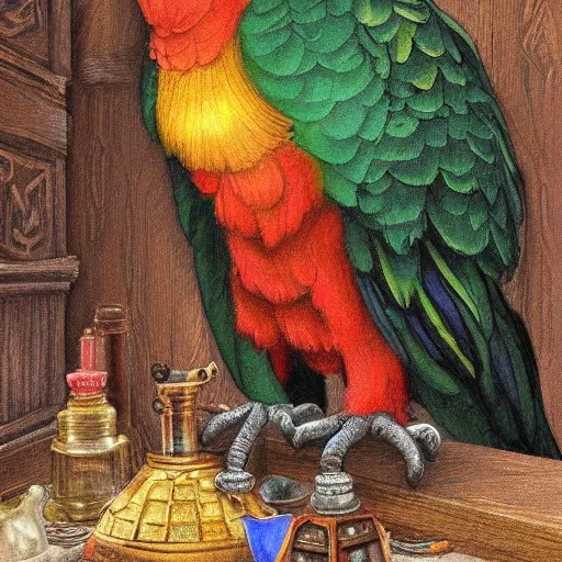 Prompt: Anthropomorphized parrot trader in his shop, portrait, items, weapons, magic potions, trinkets, carpet, lamps, window, fancy hat, sly expression, cunning expression, cute expression, long thick shiny black beak, D&D, fantasy, cinematic lighting, highly detailed, digital painting, artstation, concept art, smooth, sharp focus, illustration, warm light, cozy warm tint, magic the gathering artwork, volumetric lighting, 8k, art by Greg Rutkowski