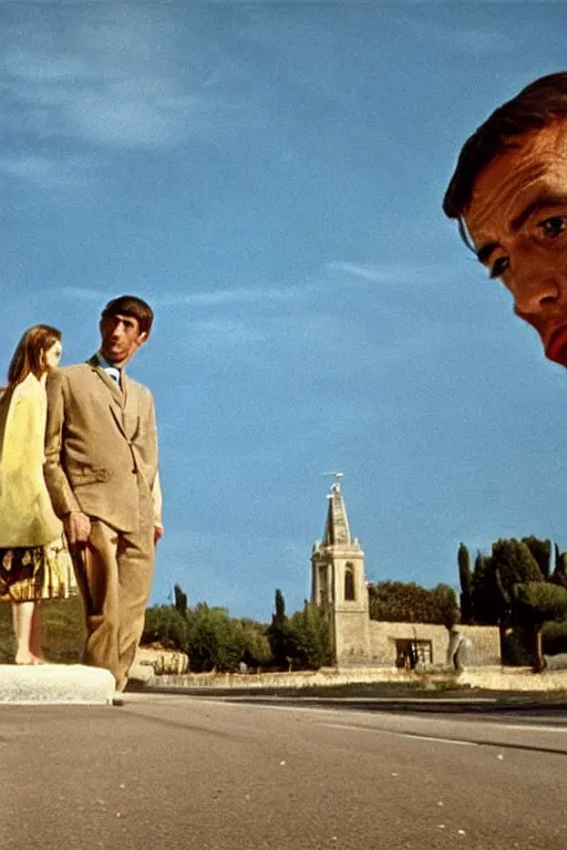 Prompt: a scene of a la giornata ( 1 9 6 6 ) a movie of antonioni starring mastroianni!!!! in the style of the ( ( ( scrovegni chapel by giotto ) ) ). incredibly blue sky. blue sky everywhere. technicolor, grandiose, cinematic, 5 0 mm, highly detailed, romantic