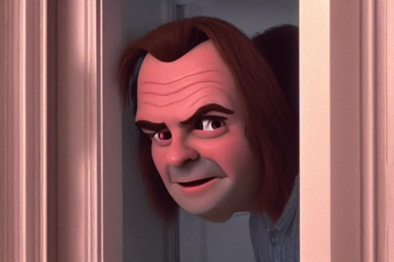 Prompt: the shining ( 1 9 8 0 ), the scene where jack peeks his face through the broken door holding his axe and says here's johnny, close up, pixar disney style, animated, cgstation, octane render, film still, best animation, visual effects