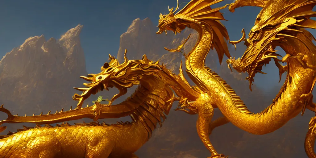 Image similar to golden dragon, unreal 5, hyperrealistic, realistic, photorealistic, dynamic lighting, highly detailed, cinematic landscape, studio landscape, studio lighting