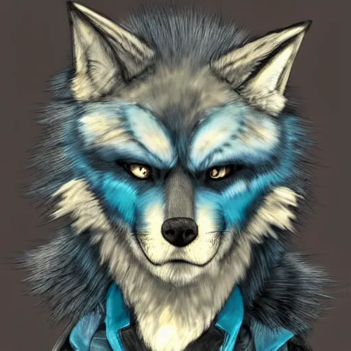 Image similar to dieselpunk furry blue wolf with fluffy tail, fantasy, artstation