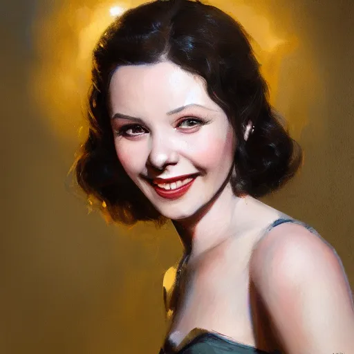 Image similar to closeup portrait of a young vivian leigh, bright smile, chiaroscuro, city background, golden hour, dramatic lighting, complementary contrast, high detail, painted by greg rutkowski, painted by igor kieryluk, trending on artstation