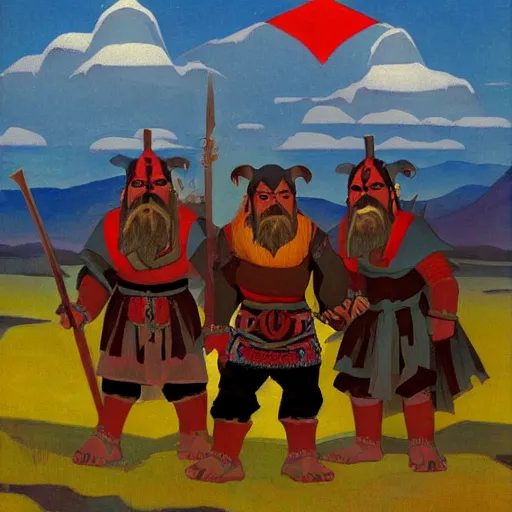 Image similar to slavic orcs in the steppe, orcs lord of the rings, orthodox, art by nicholas roerich, high resolution, trending on artstation,