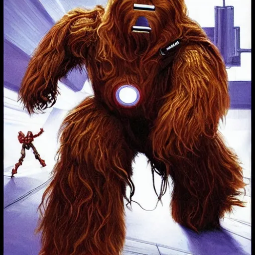 Prompt: iron man fighting chewbacca