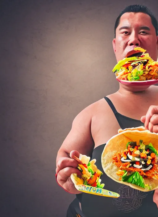 Image similar to sumo wrestler eating crispy tacos, holding hot sauce, portrait, photo realism, bokeh background, neon lights, city background, high definition, slr