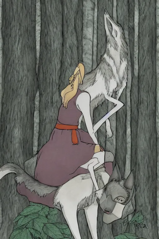 Image similar to young girl on a gray wolf, in a dark forest, in ghibli style