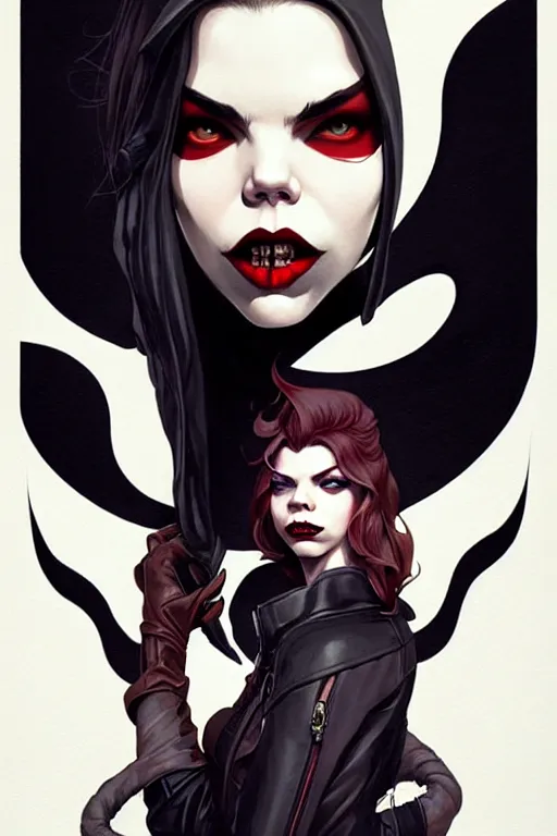 Image similar to rafael albuquerque comic art, art nouveau, peter mohrbacher, artgerm, pretty anya taylor - joy vampire sharp vampire teeth open mouth, symmetrical eyes, black leather jacket, jeans, long blonde hair, full body