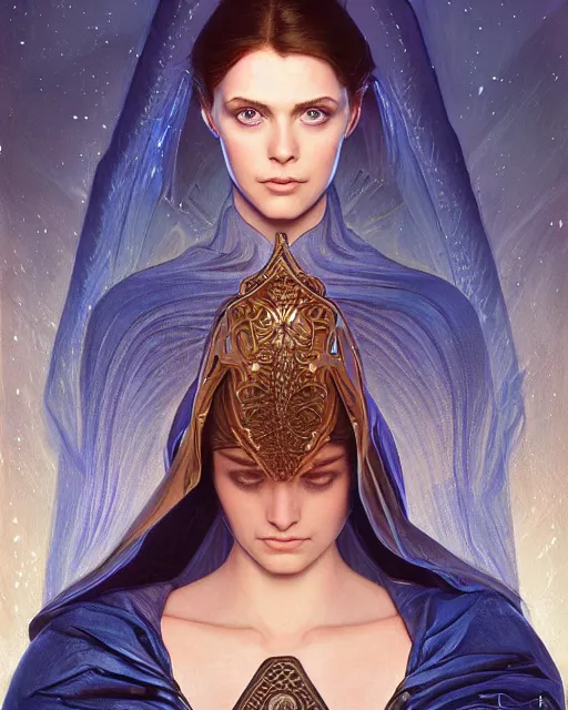 Image similar to portrait of saint alia atreides of the knife, big blue fully blue eyes, science fiction, frank herbert, intricate, elegant, highly detailed, digital painting, artstation, concept art, sharp focus, illustration, art by artgerm and greg rutkowski and alphonse mucha