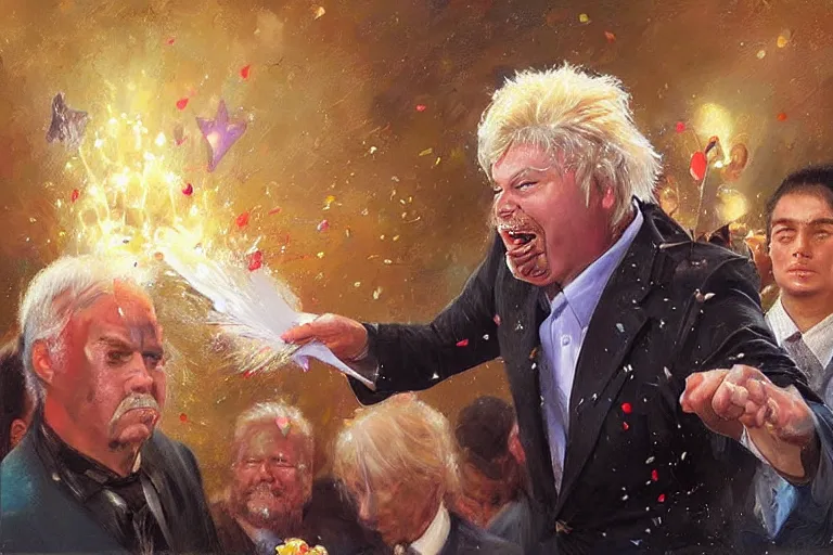 Image similar to portrait of rip taylor throwing confetti during a funeral service, an oil painting by ross tran and thomas kincade