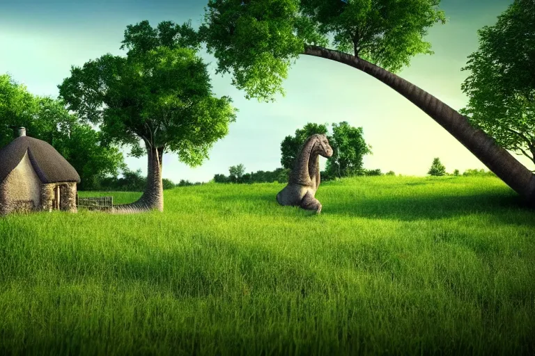 Prompt: photo from far away of a small cottage house, brachiosaurus outside, on a grassy land, trees, photorealistic, 8 k, beautiful, elegant