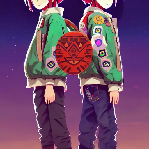 Image similar to majora majora's mask wearing oversized mayan bomber jacket with overalls, bulky poofy bomber jacket with mayan patterns, aztec street fashion, botw art style, gapmoe yandere grimdark, trending on pixiv fanbox, painted by greg rutkowski makoto shinkai takashi takeuchi studio ghibli, akihiko yoshida