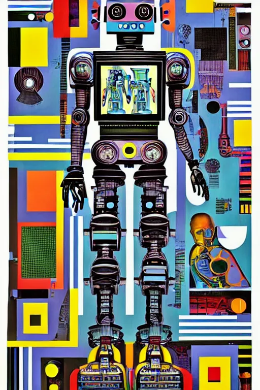 Prompt: a diagram of a robot body with various parts, cyberpunk art by eduardo paolozzi, behance contest winner, computer art, greeble, steampunk, poster art, james turrell, robert rauschenberg, andy warhol, pop art, czechoslovakia, surrealism, milton glaser, graphic design