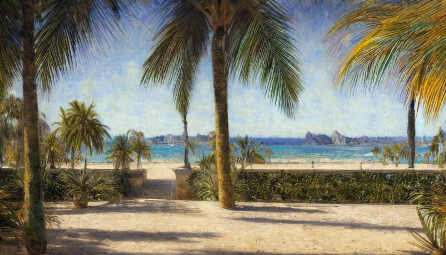 Image similar to a ultradetailed beautiful painting of the amazonas palace balustrade designed by jules bastien - lepage, hans belmer, frank weston and gustave baumann, beach, trending on artstation, mediterranean, palm trees, refracted color sparkles, sharp focus, soft light, 8 k 4 k