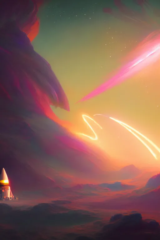 Image similar to a space rocket using dreams as it's fuel launching from the candy land, extremely detailed digital painting, in the style of fenghua zhong and ruan jia and jeremy lipking and peter mohrbacher, mystical colors, rim light, beautiful lighting, 8 k, stunning scene, raytracing, octane, trending on artstation