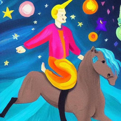 Image similar to Vitalik Buterin riding a unicorn, colorful painting