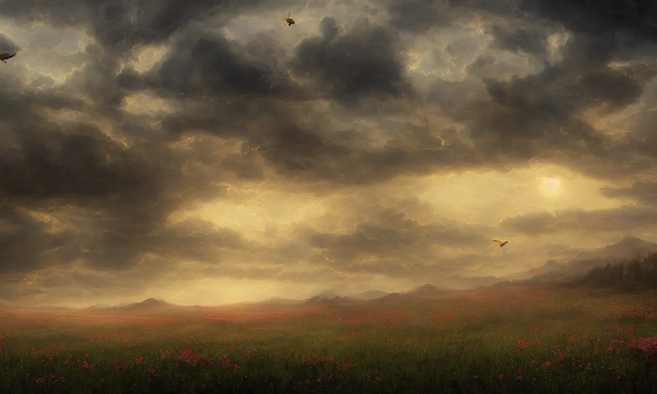 Image similar to breathtaking digital painting of a plains landscape in luxurious nature, with intricate art nouveau moody dark tumultuous clouds, at dawn with roses and golden petals flying, concept art, matte, by johannes voss and seb mckinnon,