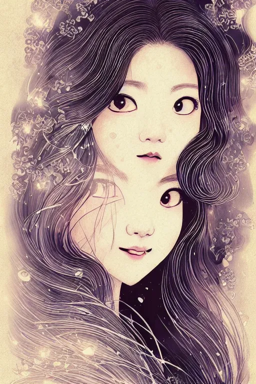 Image similar to beautiful young heroine portrait like twice tzuyu+happy+smoky eyes+front face with light flowing hair smiling, great wave of hokusai, illustration, fantasy, acryllic spill, intricate complexity, Chinese, goddess, holy, divine, rule of thirds, in the style of Kazuki Tanahashi, ultradetail face by tian zi and WLOP and alphonse mucha, fantasy character concept, watermark, blurry, 8k