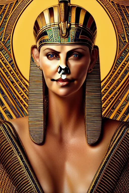 Image similar to Portrait of Charlize Theron as Cleopatra, intricate art deco leaf designs, elegant, highly detailed egyptian patterns, hieroglyph, sharp focus, art by Artgerm and beeple