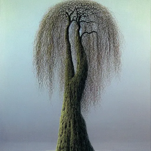 Image similar to willow tree by Zdzisław Beksiński, oil on canvas