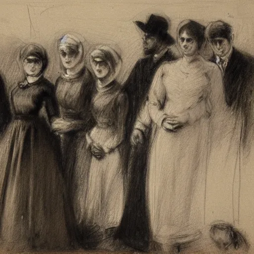 Prompt: a young woman and five man attending a funeral, by alfred stevens, charcoal