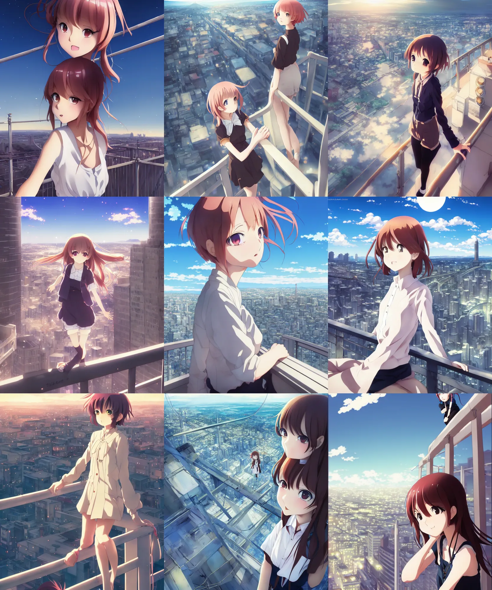 Prompt: anime visual, portrait of a young female sightseeing above the city, guardrail, cute face by yoh yoshinari, katsura masakazu, dramatic lighting, dynamic pose, dynamic perspective, strong silhouette, ilya kuvshinov, anime cels, 1 8 mm lens, fstop of 8, rounded eyes, moody, detailed facial features