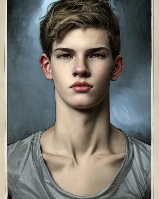 Image similar to portrait of 1 5 - year - old boy, a tall, slender boy with a pale, pointed face, sleek blond hair, and ice grey eyes, hyper realistic face, beautiful eyes, close up, fantasy art, in the style of greg rutkowski, intricate, alphonse mucha, hyper detailed, smooth