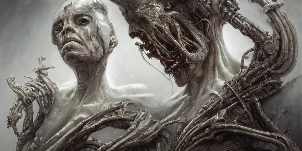 Prompt: a hr giger space zombie in a white room. intricate, elegant, highly detailed, centered, digital painting, artstation, concept art, smooth, sharp focus, illustration, artgerm, tomasz alen kopera, peter mohrbacher, donato giancola, joseph christian leyendecker, wlop, frank frazetta