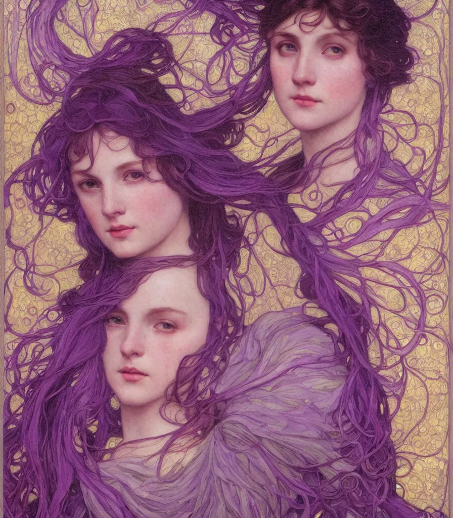 Image similar to purple, character portrait of purple energy, by waterhouse, by mucha, lean face, symmetrical face, face symmetry, cinematic lighting, beautiful, elegant, oil painting, cinematic, portrait, raphaelite, trending on artstation, intricate background