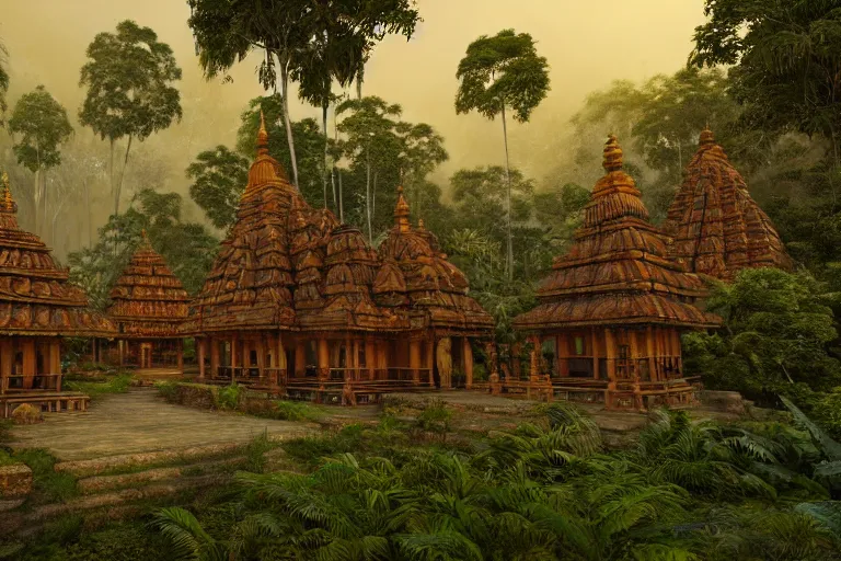 Image similar to Wooden ancient hindu city on the jungle, by Rebecca Guay and James Gurney | digital art | trending on artstation | UHD 8k CryEngine