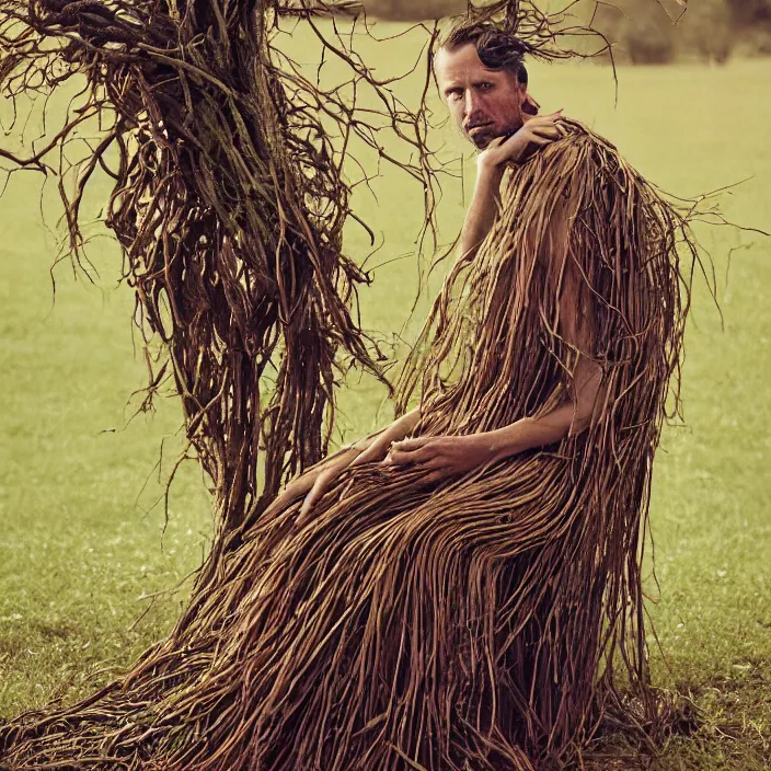 Image similar to closeup portrait of a man with a dress made of ribbons and roots, sitting in a chair in an empty field, by Annie Leibovitz and Steve McCurry, natural light, detailed face, CANON Eos C300, ƒ1.8, 35mm, 8K, medium-format print