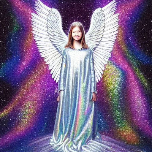 Image similar to highdetailed hyperrealistic painting of silver holographic angel in the hood lightning hands with silver sparkles!!!, giant silver ball on the chest!!!!!, 4 k hd fur face!!!, big wings, by jan van eyck, holography space, white sparkles everywhere, thin strokes, white monochrome color!!!!!, hyperrealism textures