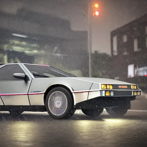 Image similar to hyperdetailed, photorealistic photograph of a dmc 1 2 delorean driving in the streets, rain, night, dense fog, hd, unreal engine 5