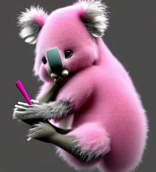 Prompt: high quality 3 d render hyperrealistic very cute small pink koala smoking joint, smoke rising from the joint, plush mascot, short spiky dense fluffy smooth hair, photo from the side, pink fluffy fur, 1 5 0 mm, beautiful natural soft light, rim light, vray, smooth background, artstation, ultra detailed
