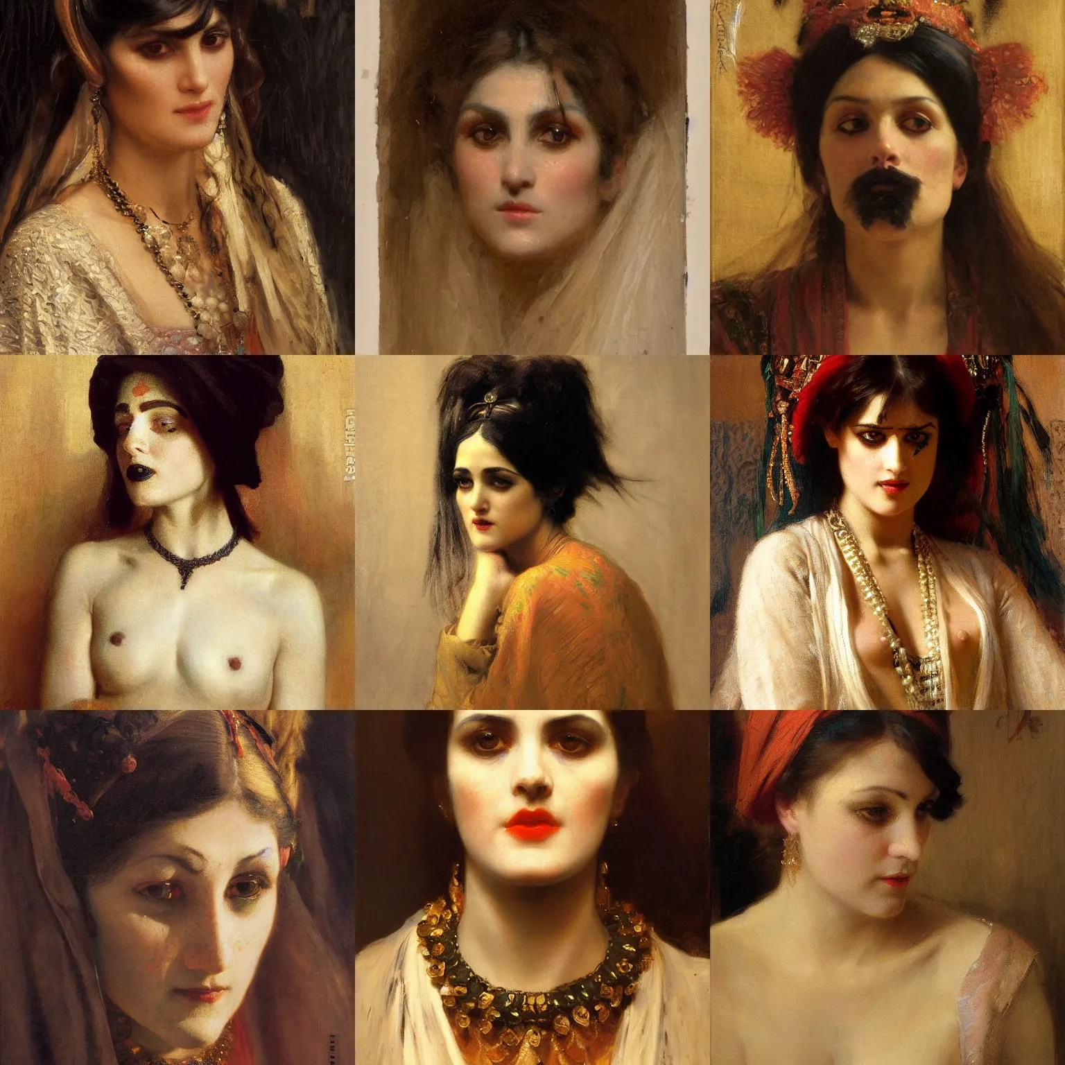 Prompt: orientalism face detail of a goth by theodore ralli and nasreddine dinet and anders zorn and nikolay makovsky and edwin longsden long, oil on canvas, masterful intricate artwork, excellent lighting, high detail 8 k