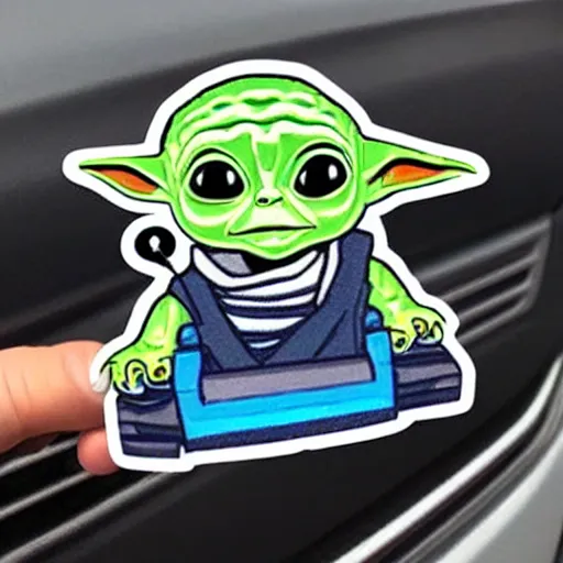 Image similar to cute sticker of baby yoda driving an old truck