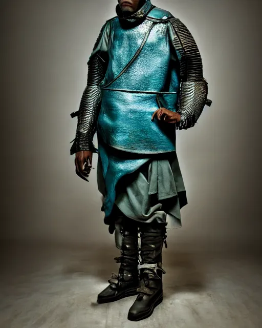 Prompt: an award - winning photo of a ancient male model wearing a simplified baggy teal distressed medieval designer menswear leather jacket slightly inspired by medieval armour designed by kanye west, 4 k, studio lighting, wide angle lens