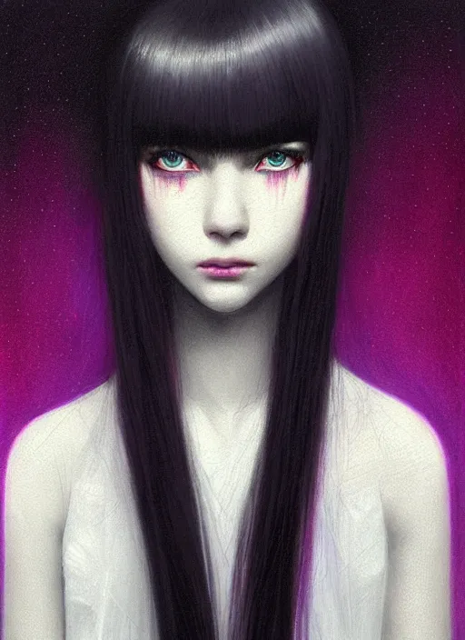 Image similar to hair whitebangs hair, black hair, blackbangswhitehair, portrait of teenage girl with white bangs, red irises, purple clothes, white bangs, bangs are different color from hair, intricate, elegant, glowing lights, highly detailed, digital painting, artstation, concept art, sharp focus, illustration, art by wlop, mars ravelo and greg rutkowski