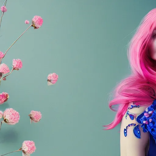 Prompt: beautiful young female florist concept art, pink hair, clear blue eyes, ornate, dynamic, particulate, rich colors, intricate, elegant, highly detailed, vogue, harper's bazaar art, fashion magazine, smooth, sharp focus, 8 k, octane render