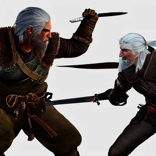 Prompt: a catachan warrior fighting geralt of rivia,