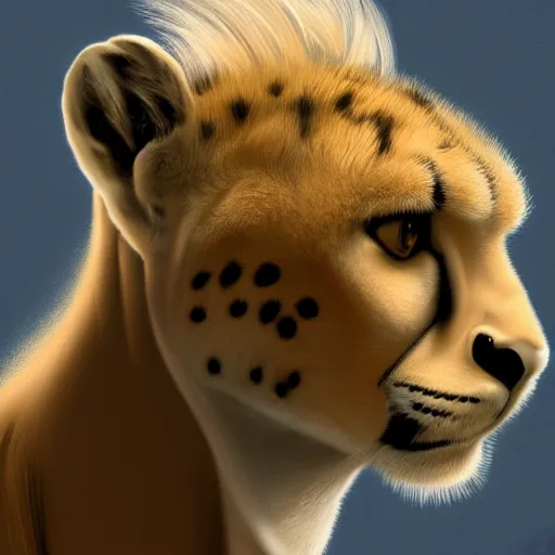 Prompt: A high quality portrait of a male human cheetah hybrid with long lush white hair, concept art, highly detailed, 8k